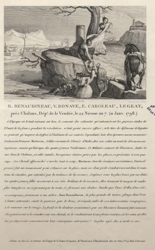 Un soldat de la République sauvé de la noyade par quatre Vendéennes / L[ouis] Lafitte del. ; [François Louis] Couché fils sculp. ; terminée par [Jean] Bosq.